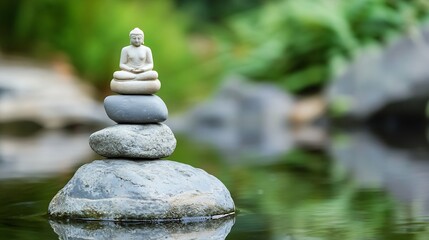 Aufkleber - Serene Buddha statue meditates atop a balanced rock cairn, nestled peacefully on a calm pond's surface, surrounded by lush green foliage. : Generative AI