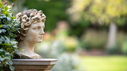 Poster - Antique stone bust of a young man with curly hair, placed on a garden pedestal, surrounded by lush green foliage, creating a serene outdoor scene. : Generative AI