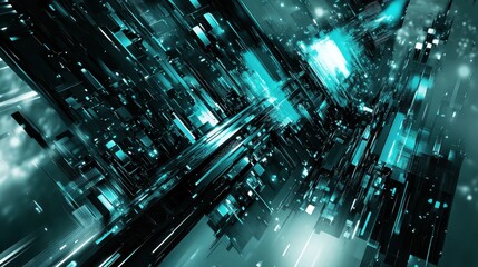 Fototapete - Futuristic Abstract Cityscape With Teal and White Glowing Lights Geometric Patterns and Intricate Designs Creating a Modern and Technological Background