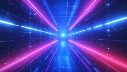 Fototapete - Futuristic Digital Tunnel with Neon Lights a 3D Rendered Background of Flowing Data Streams and Glowing Shapes in a Dark Space with Abstract Geometric Design