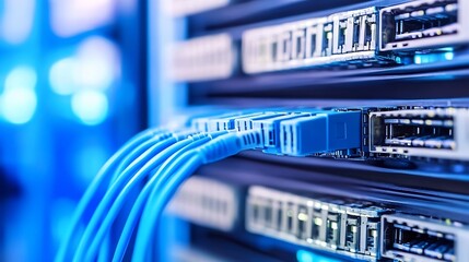 Fototapete - Close-up view of blue fiber optic cables plugged into a network server rack, showcasing technology and connectivity. : Generative AI