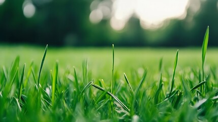 Poster - Close-up view of vibrant green grass blades, illuminated by sunlight, with a softly blurred background of trees and a tranquil park setting. : Generative AI