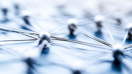 Fototapete - Abstract network connection visualization: metallic spheres linked by thin wires, creating a complex web of nodes on a light blue surface.  Represents global network, communication, or : Generative AI