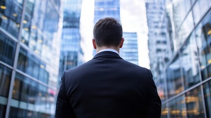 Fototapete - A businessman in a dark suit stands with his back to the camera, gazing at a cityscape of modern glass skyscrapers. : Generative AI