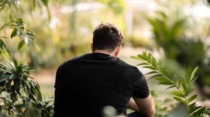 Poster - A man sits peacefully amidst lush green foliage, his back to the camera, enjoying the serene natural environment.  Sunlight filters through the leaves, creating a calm and tranquil atm : Generative AI
