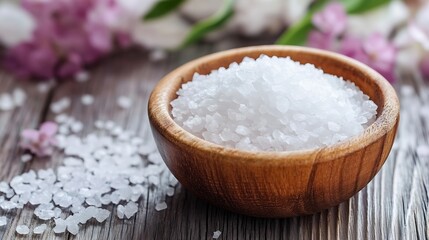 Leinwandbilder - Close-up of sea salt crystals in a wooden bowl, with blurred pink flowers in the background, creating a spa-like atmosphere. : Generative AI