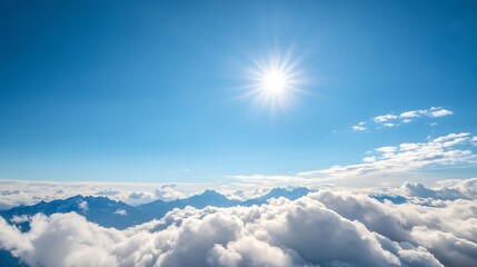 Poster - Aerial view of majestic mountains peaking through a sea of fluffy white clouds under a vibrant blue sky, sun shining brightly. : Generative AI