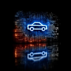 Poster - Digital Automotive Icon:  Blue Neon Car Design on a Technological Background with Reflection