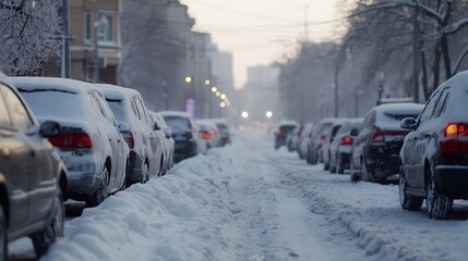 Fototapete - Snow-covered cars parked along a city street during a winter snowfall, creating a picturesque scene of urban tranquility. : Generative AI