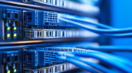 Aufkleber - Close-up view of fiber optic cables connected to a server rack, showcasing intricate details of network infrastructure and data transfer technology. : Generative AI