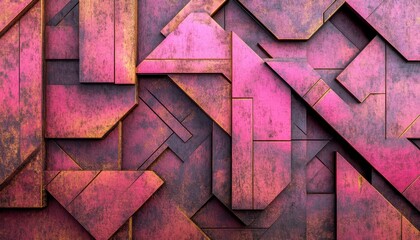 Poster - Textured Pink and Golden Rusty Geometric Metal Plates Abstract Background with Grunge Style Decorative Panel Aged Look Metallic Surface and Rough Design