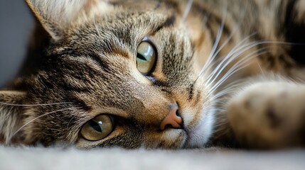 Aufkleber - Close-up portrait of a tabby cat resting peacefully, showcasing its intricate fur pattern and captivating green eyes. The soft lighting enhances the texture and details of its face. : Generative AI