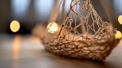 Poster - Close-up of a delicately woven, beige macrame bowl-shaped object, illuminated by warm, blurry lights in the background, creating a soft, ambient atmosphere. : Generative AI