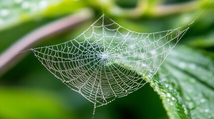 Poster - A glistening spiderweb, adorned with morning dew, hangs delicately between vibrant green leaves, showcasing nature's intricate beauty. : Generative AI