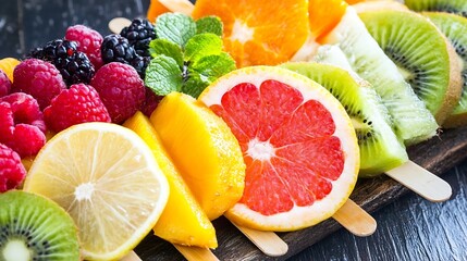 Aufkleber - Close-up of vibrant fruit skewers featuring raspberries, blackberries, lemon, orange, grapefruit, kiwi, and mango slices on wooden sticks. : Generative AI