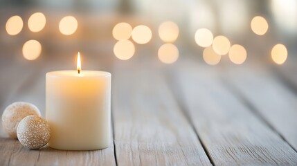 Aufkleber - A lit candle sits on a rustic wooden surface, accompanied by two decorative eggs; soft, warm bokeh lights blur the background, creating a serene and peaceful ambiance. : Generative AI