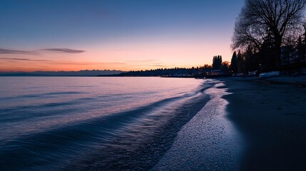 Poster - Serene sunset over calm ocean waves lapping a sandy shore, silhouetted trees and distant mountains at twilight. : Generative AI