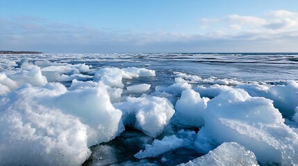 Poster - Icy coastal scene featuring numerous chunks of sea ice floating on dark blue water under a partly cloudy sky, a tranquil winter seascape. : Generative AI