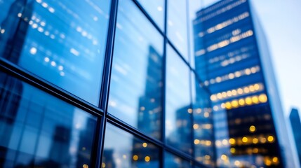 Aufkleber - Reflective glass facade of a modern skyscraper reflecting the city lights at dusk, showcasing architectural details and urban scenery. : Generative AI