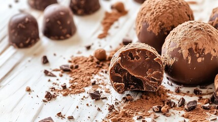 Aufkleber - A delectable collection of dark chocolate truffles, dusted with cocoa powder, rests on a white wooden surface.  Some truffles are whole, while one is broken, revealing its rich, creamy : Generative AI