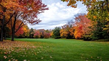 Poster - Autumnal landscape showcasing vibrant foliage, a lush green lawn scattered with fallen leaves, and a cloudy sky overhead, creating a serene autumn scene. : Generative AI