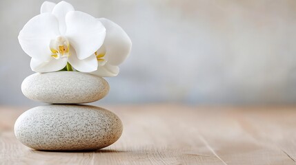 Leinwandbilder - Serene spa scene featuring a white orchid delicately placed atop a balanced stack of smooth, grey stones on a light wooden surface. : Generative AI