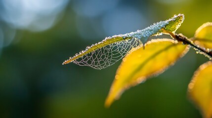Aufkleber - Dew-covered spiderweb delicately draped across a vibrant green leaf, illuminated by morning sunlight, contrasting with blurred yellow foliage in the background. : Generative AI