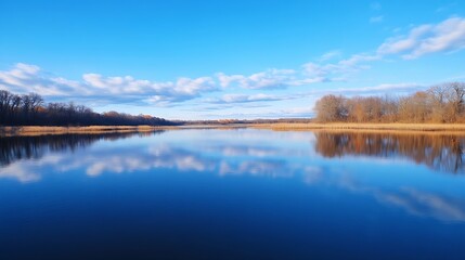 Poster - Serene autumn landscape: a tranquil lake reflects a vibrant blue sky and fluffy clouds, with bare trees lining the shoreline. : Generative AI