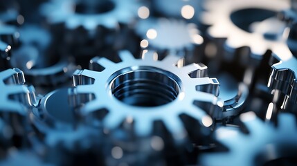 Fototapete - Close-up view of intricate metallic gears, showcasing precision engineering and complex machinery components in a cool blue tone. : Generative AI