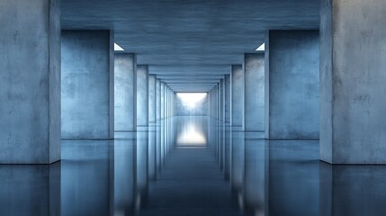 Poster - A long, reflective corridor with numerous concrete pillars, creating a sense of depth and serenity. The cool blue tones evoke a calm, minimalist atmosphere. : Generative AI