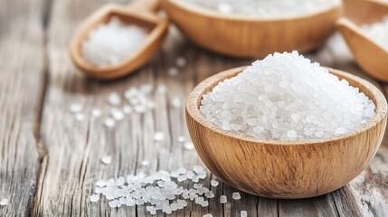 Poster - Close-up view of sea salt crystals in a rustic wooden bowl, with additional salt in a wooden scoop and scattered on a weathered wood table. : Generative AI