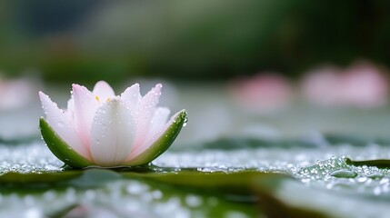 Aufkleber - A single, delicate pink water lily floats serenely on a pond, its petals adorned with glistening dewdrops, reflecting the soft morning light. : Generative AI