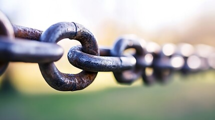 Aufkleber - Close-up view of a rusty metal chain outdoors, links interconnected, showing texture and depth of field.  The chain is partially in focus, with a blurred background of green grass and  : Generative AI