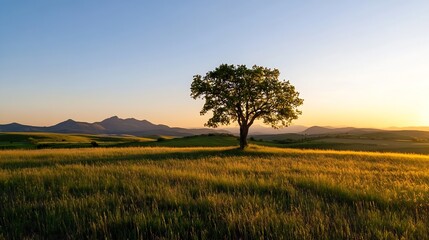 Poster - Solitary tree standing in a vast golden field at sunset, with rolling hills and mountains in the background under a clear sky. : Generative AI