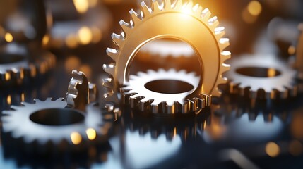Poster - Close-up of metallic gears interlocked, reflecting light; a detailed image showcasing precision engineering and intricate mechanics. : Generative AI