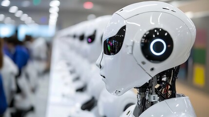 Fototapete - A row of humanoid robots, their white faces and sleek designs reflecting a futuristic technological advancement, stand in a modern factory setting. : Generative AI