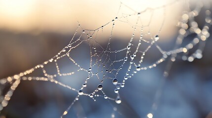 Leinwandbilder - Close-up view of a spiderweb glistening with morning dew, illuminated by soft sunlight, showcasing intricate details and water droplets reflecting light. : Generative AI