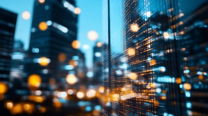 Aufkleber - Abstract city nightscape with blurred skyscrapers and glowing lights, showcasing a futuristic urban scene with a focus on technological elements and dynamic energy. : Generative AI
