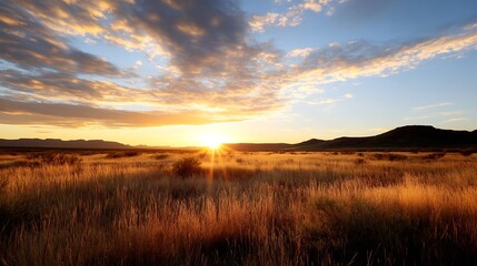 Poster - Golden sunset over a vast, grassy plain, illuminating tall grasses and distant mountains silhouetted against a vibrant, colorful sky. : Generative AI