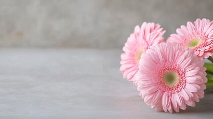 Poster - Three delicate pink gerbera daisies rest on a light gray surface, creating a serene and peaceful floral arrangement. : Generative AI