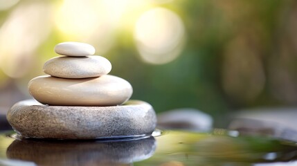 Leinwandbilder - Serene Stack of Balanced Stones in a Tranquil Garden Setting, Reflecting in Calm Water, Soft Sunlight, Peaceful Atmosphere : Generative AI