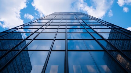 Aufkleber - Modern skyscraper facade reflecting blue sky and clouds, showcasing a contemporary architectural design with sleek glass panels and dark metal framing. : Generative AI