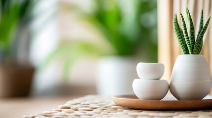 Poster - Serene home decor scene featuring a sansevieria plant in a white pot, two small white bowls stacked on a wooden tray, and a blurred green background. : Generative AI