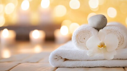 Leinwandbilder - Spa relaxation scene with white towels, a grey stone, and a white orchid, set against a warm, candlelit background. : Generative AI