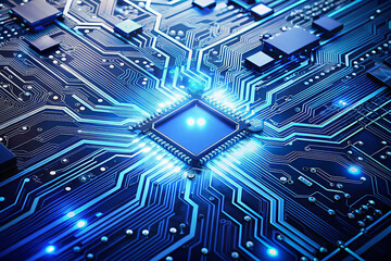 Futuristic Blue Circuit Board with Digital Connections and Electronic Components