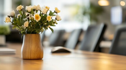 Aufkleber - Artificial white flowers in a light brown wooden vase sit on a modern office table, blurred background of chairs and workspace. : Generative AI
