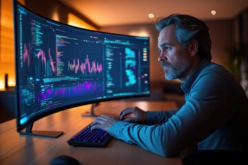 Poster - A man analyzes financial data and code on a large curved monitor, illuminated in a dim room.