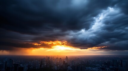 Poster - Dramatic sunset over a sprawling cityscape, with dark storm clouds creating a breathtaking contrast of fiery orange and deep blues. : Generative AI