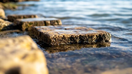 Poster - Sunlit stones partially submerged in clear shallow sea water, creating a tranquil coastal scene.  The rocks are textured and show signs of water erosion, offering a sense of natural be : Generative AI