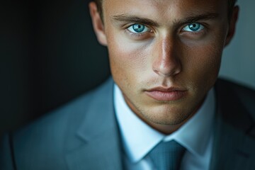 Poster - A close-up portrait of a young man in a suit, showcasing his intense blue eyes and serious expression.